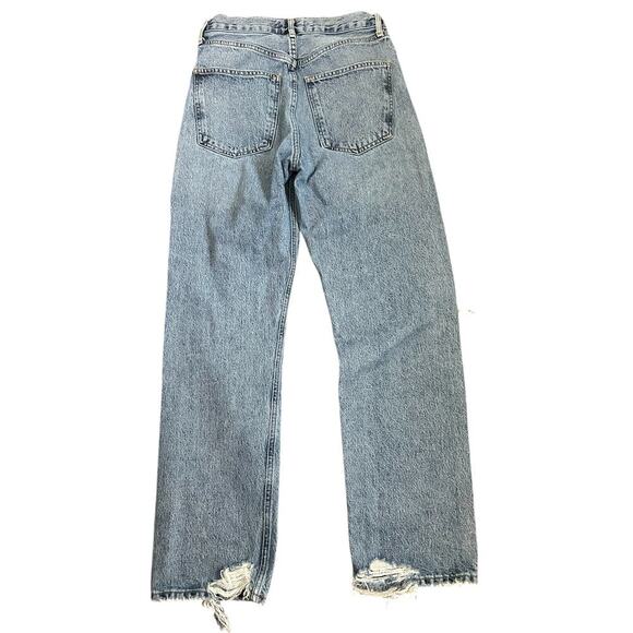 Agolde 90s High Rise Straight Jean Medium Indigo Knee Destruction Size 25 - Picture 11 of 13
